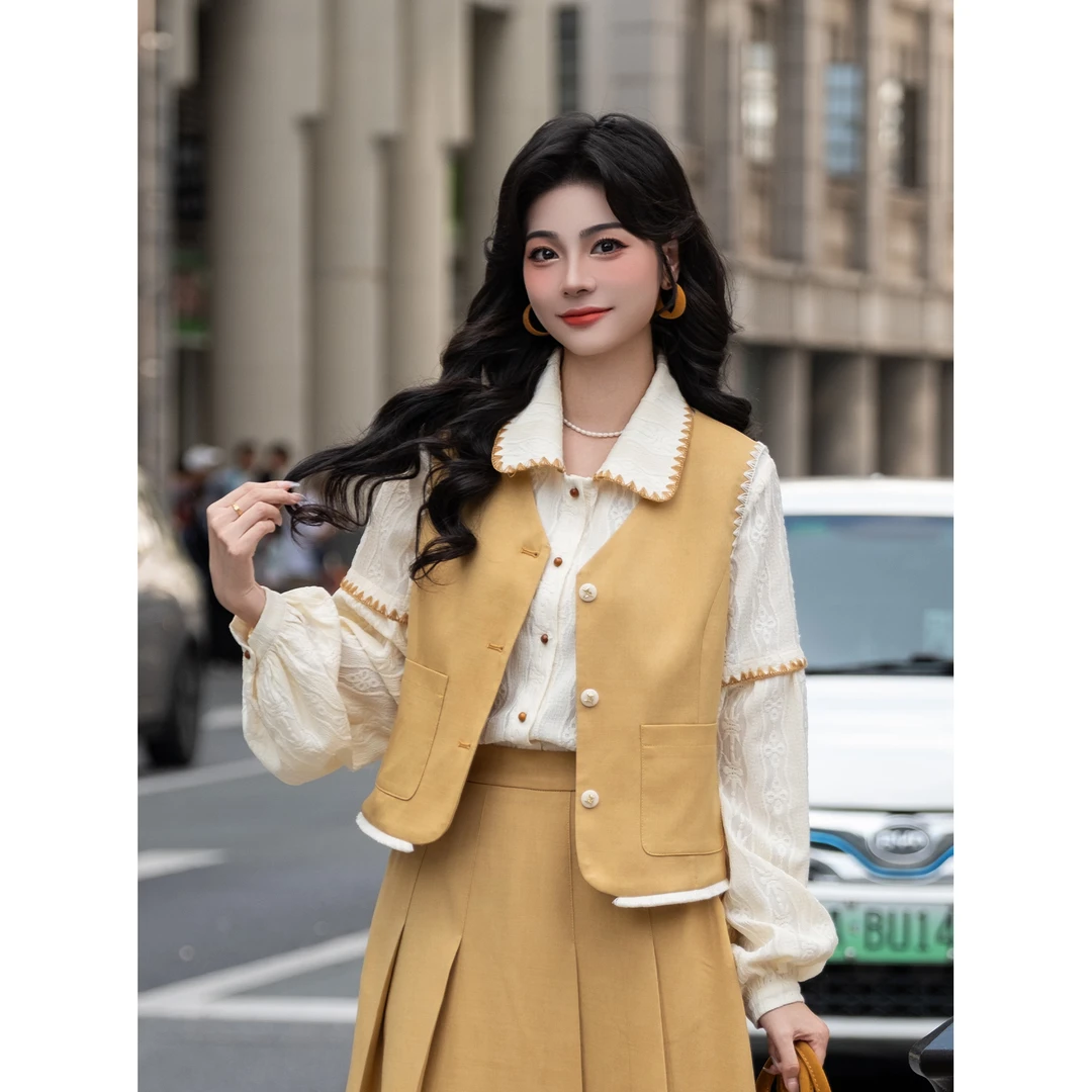 LIJIUJIU【麦田叙事】短款港风马夹百搭印花显瘦复古马甲YX2508108