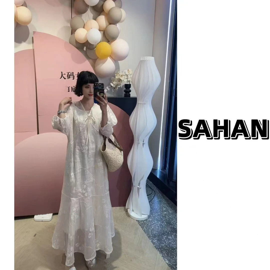 新中式禅意风连衣裙夏季新款高级感慵懒轻薄宽松V领绑带刺绣5588