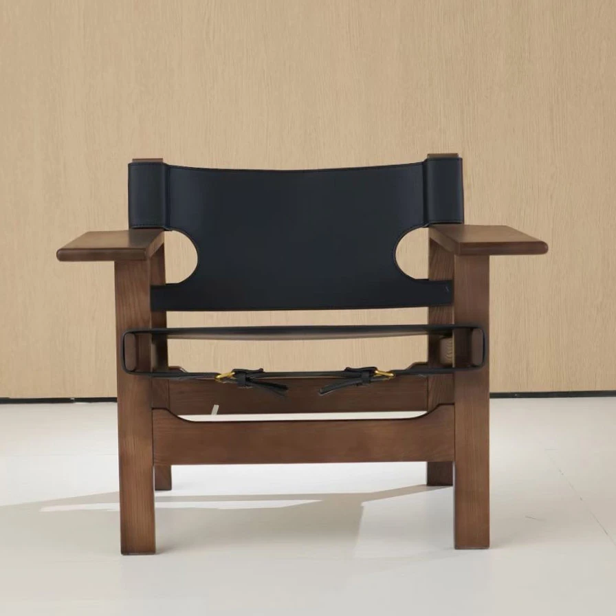 中古设计师西班牙客厅家用单人休闲沙发椅白蜡木复古实木扶手椅