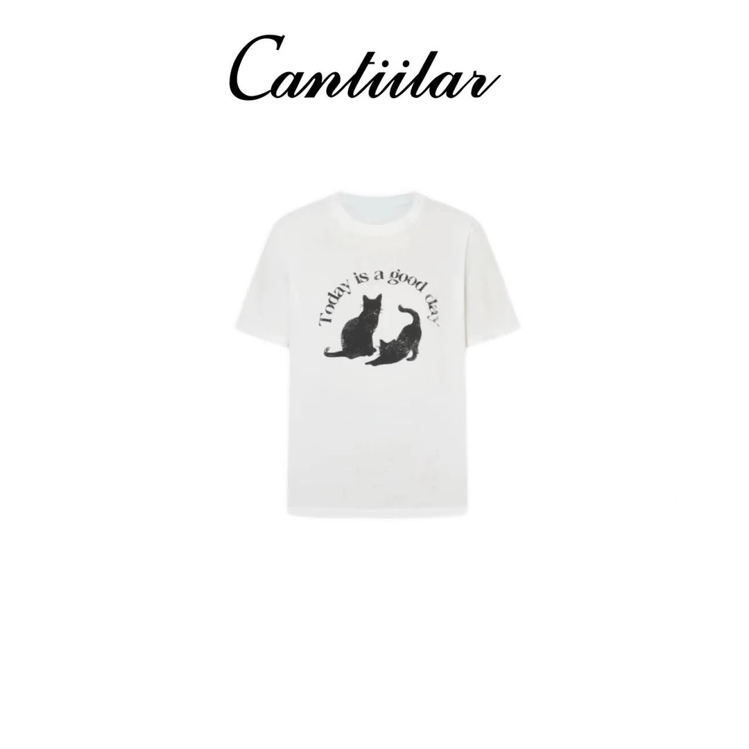 CANTIILAR “猫咪T”小众设计猫咪字母印花T恤  25115