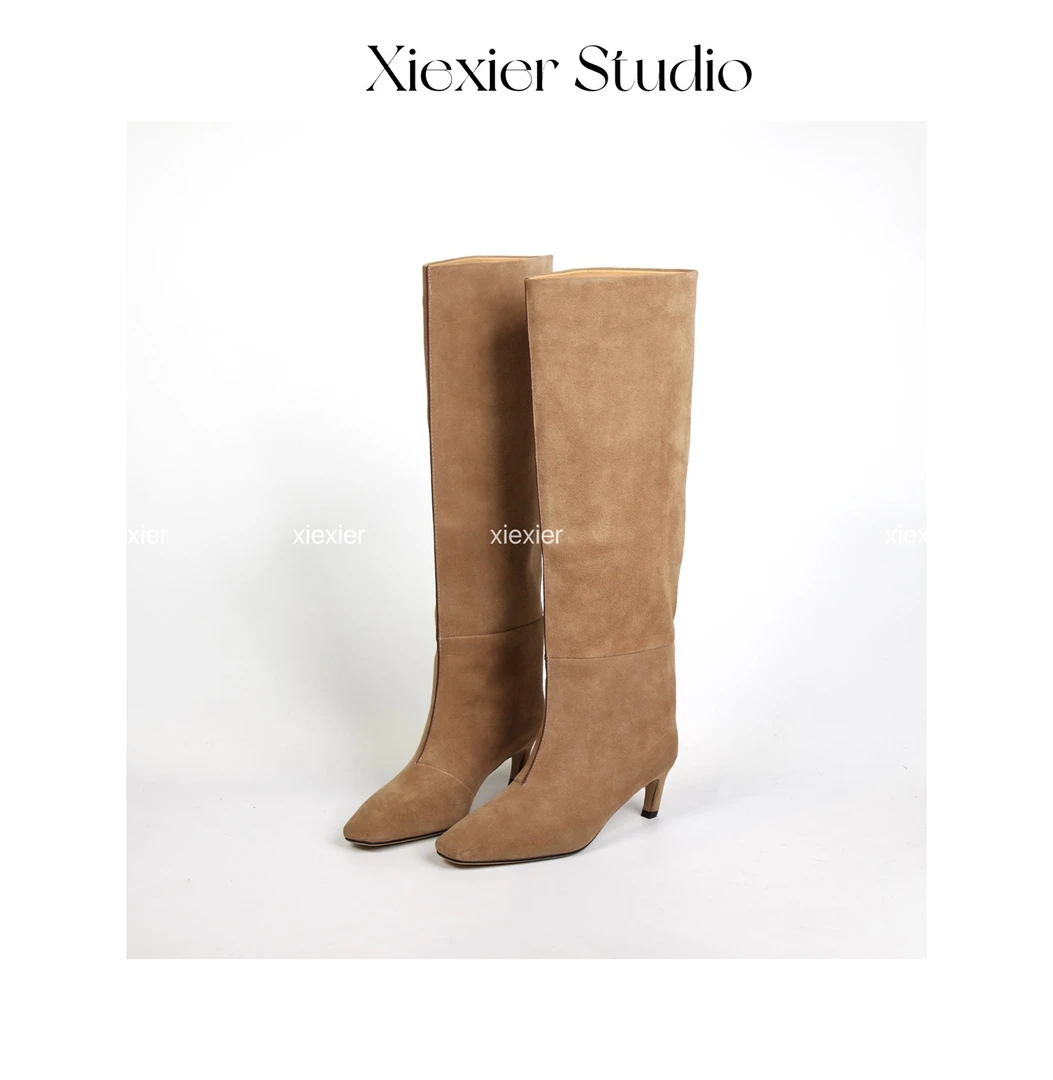 谢喜儿|宽筒5厘米高跟长筒靴时尚简约显瘦女士高筒靴新款洋气靴子