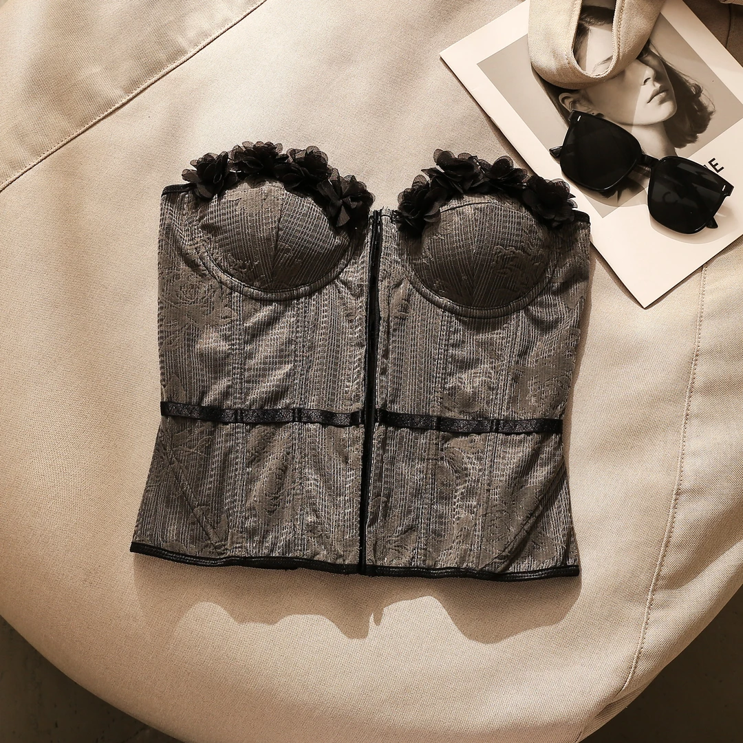 辣妹显瘦立体花朵鱼骨抹胸吊带背心女夏季纯欲带胸垫收腰美背上衣