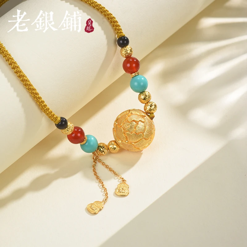 吴越老银铺 吊坠足银琉璃 足银999牡丹花珠项链国风民族风银项链