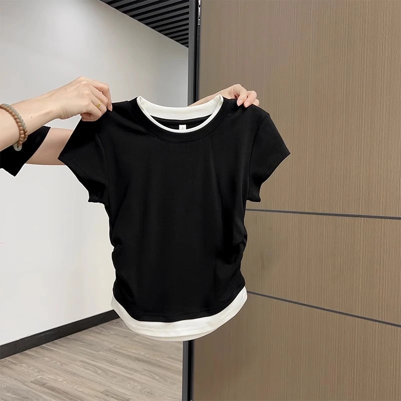 【月月专属】圆领黑白撞色拼接款t恤女假两件设计感褶皱收腰上衣