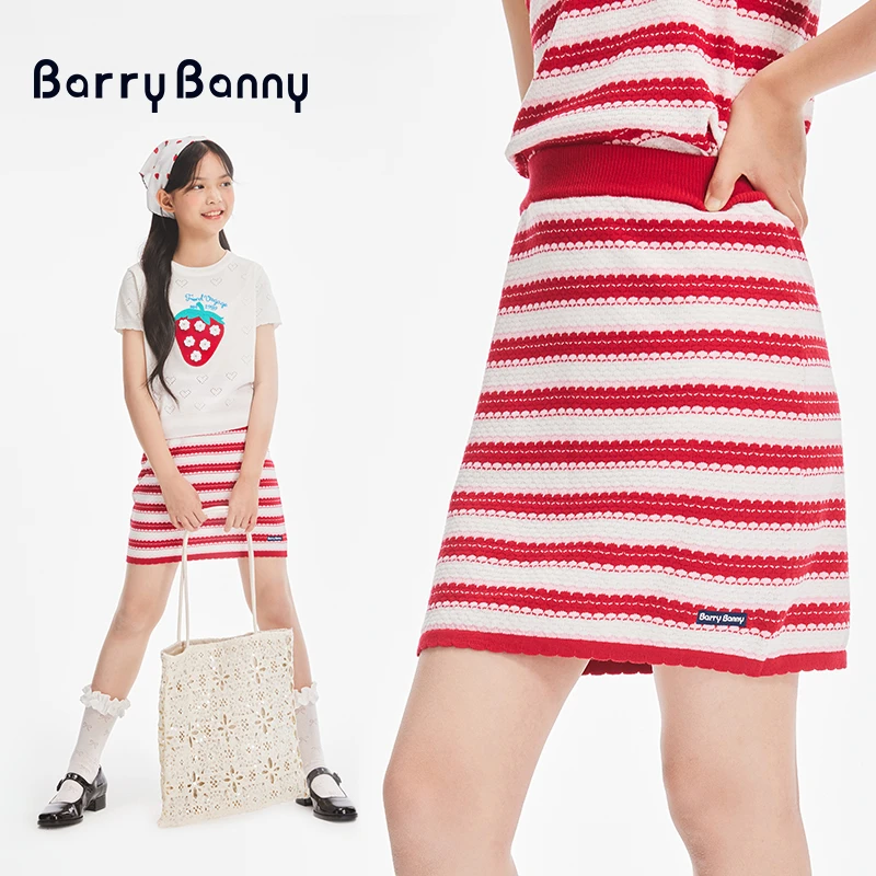 BarryBanny女童冰丝半身裙2025夏套装儿童条纹短裙女孩A字裙简约