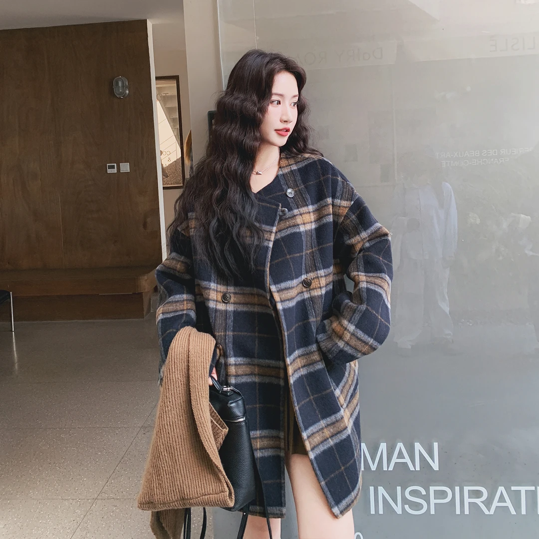 百搭羊毛2025厚款秋冬连帽常规款格子毛呢外套中长季保暖时尚通勤