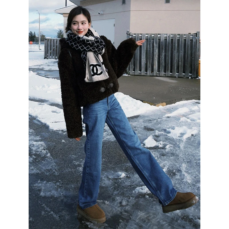 美式复古蓝色加绒牛仔裤女小个子2025秋冬新款加厚窄版直筒阔腿裤