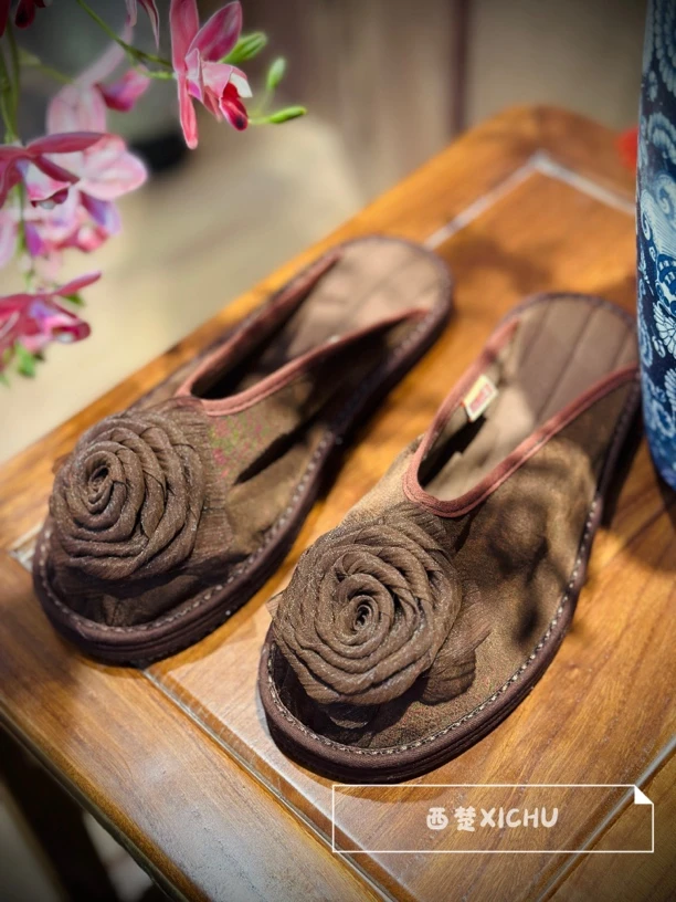 西楚【山茶花拖鞋】中国风国潮透气舒适养脚纯手工千层底布鞋民族风