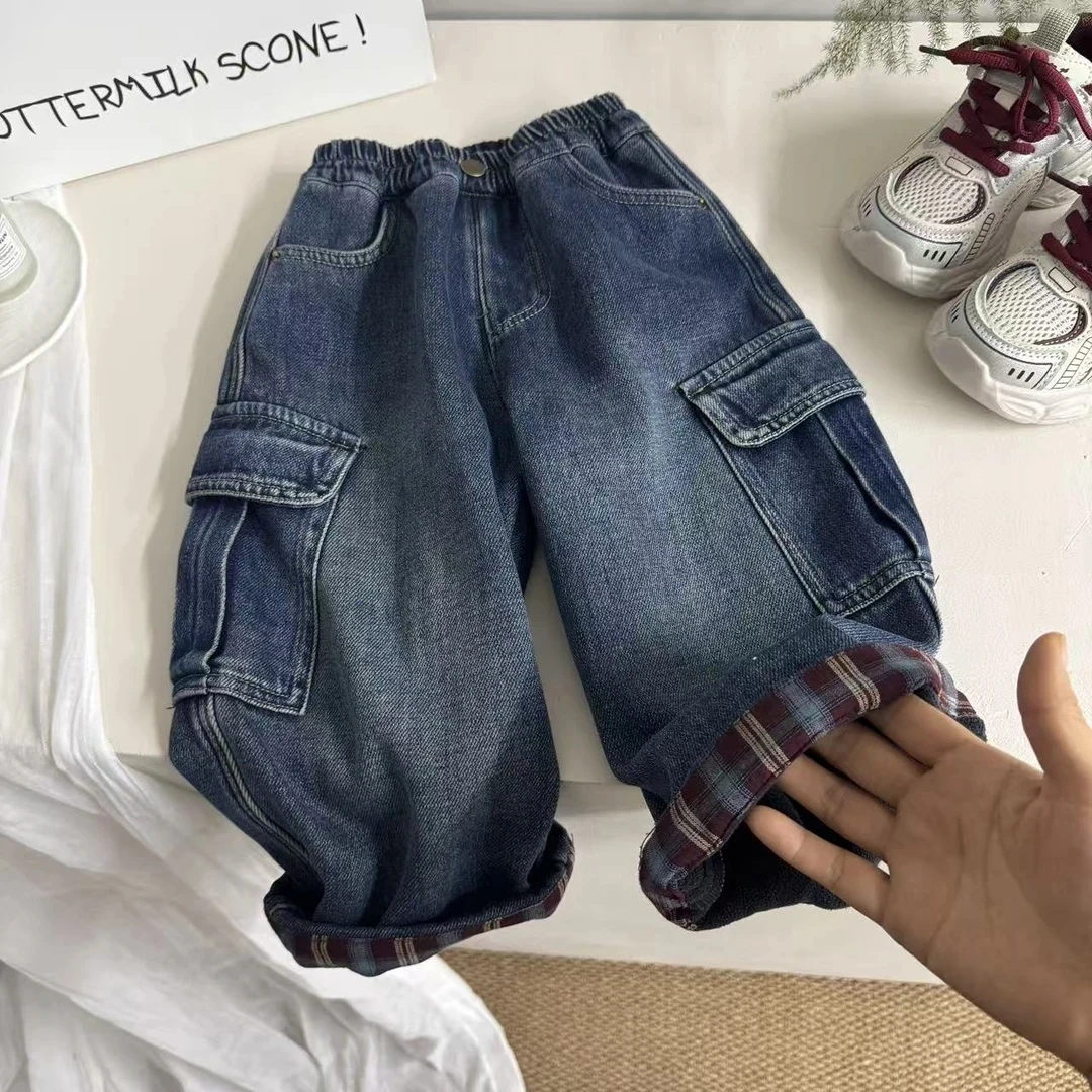 男童加绒牛仔裤冬季2025新款儿童秋冬款一体绒工装裤宝宝保暖裤子