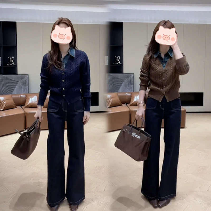 早秋穿搭新款休闲风时尚套装大气简约上衣长袖搭配显瘦宽松牛仔裤