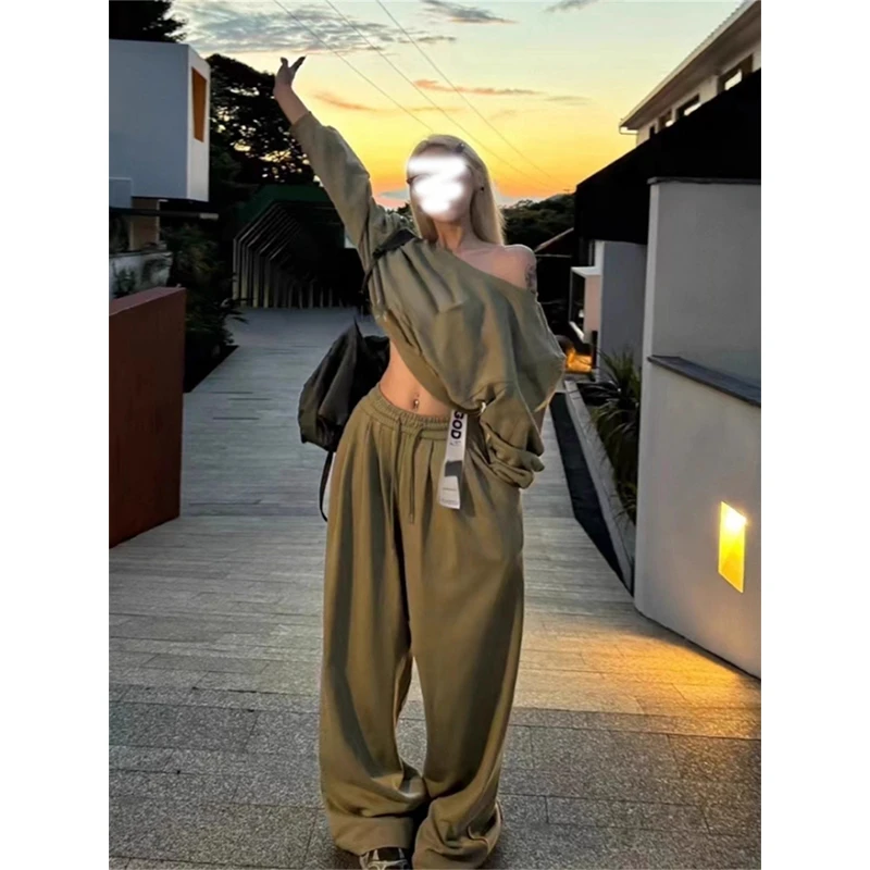 TWOMILLION美式短款露肩卫衣阔腿裤套装女休闲运动直筒裤两件套