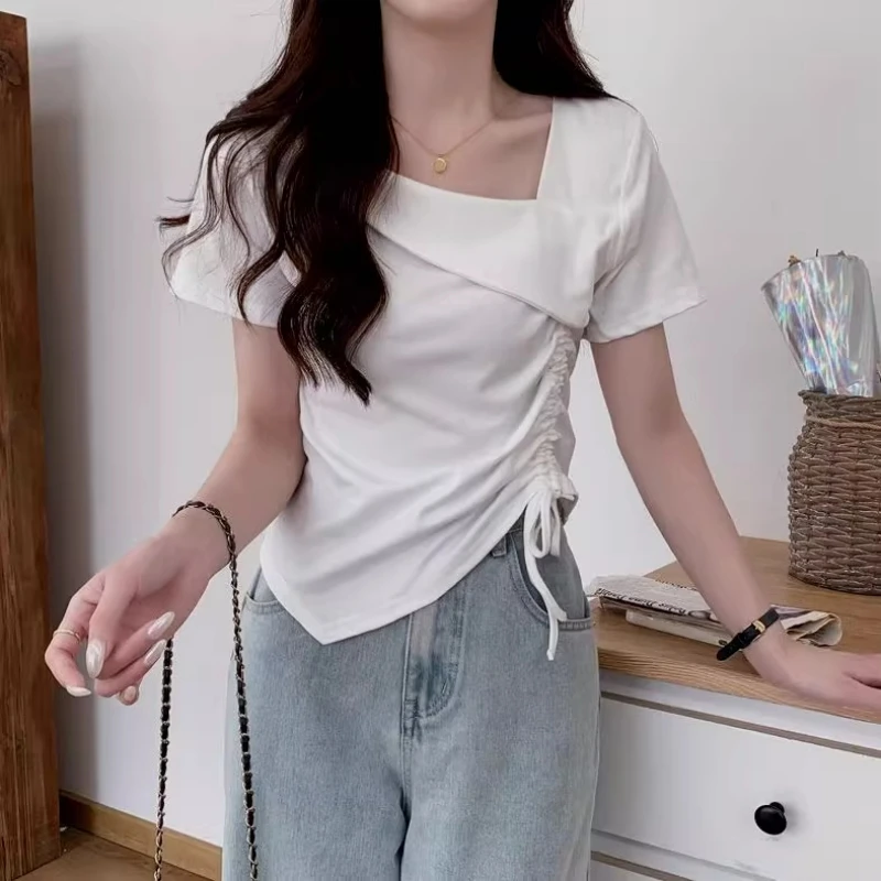 大码胖MM抽绳斜领别致短袖T恤女夏季不规则修身显瘦遮肚辣妹上衣
