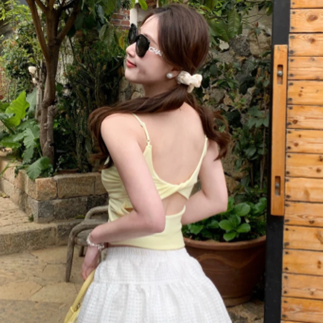 纯色扭结露背小吊带背心女带胸垫内搭辣妹褶皱美背短上衣夏季外穿