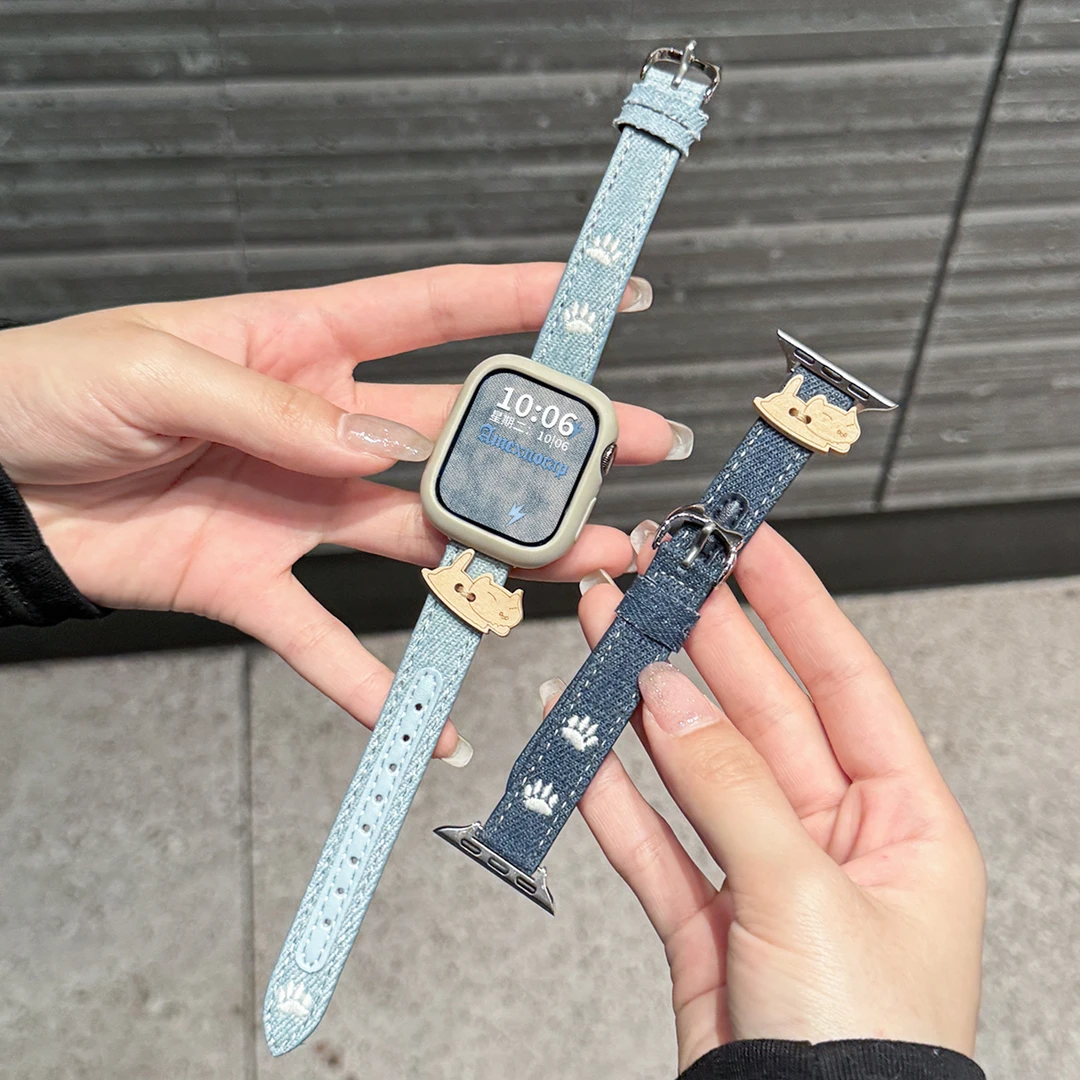 慵懒猫适用iwatch手表applewatchs11苹果手表牛仔布表带s10配件9