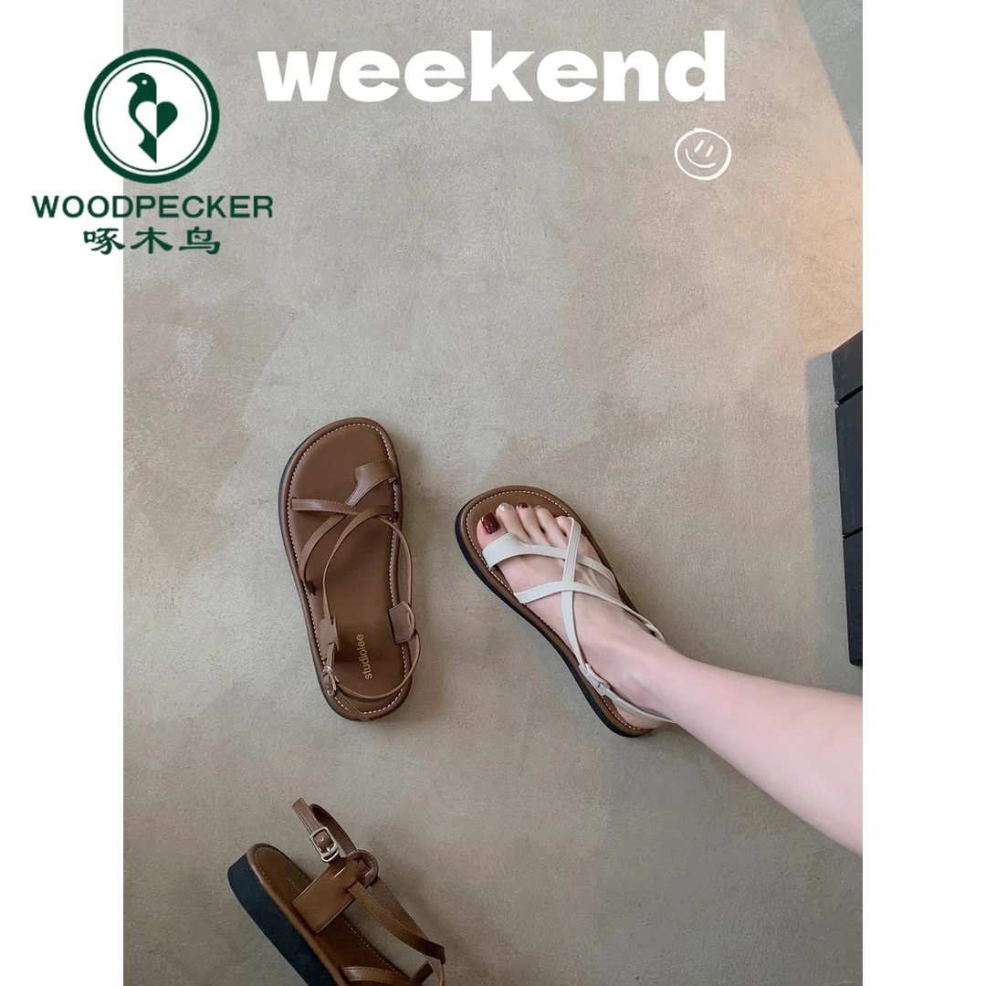 啄木鸟夏季休闲百搭交叉扣带套趾软底小众罗马风度假风厚底凉鞋女