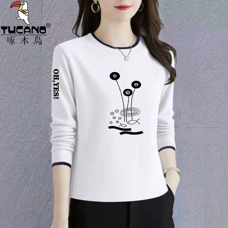 啄木鸟爆款2025秋冬新款纯棉打底衫女款气质内搭休闲百搭宽松T恤