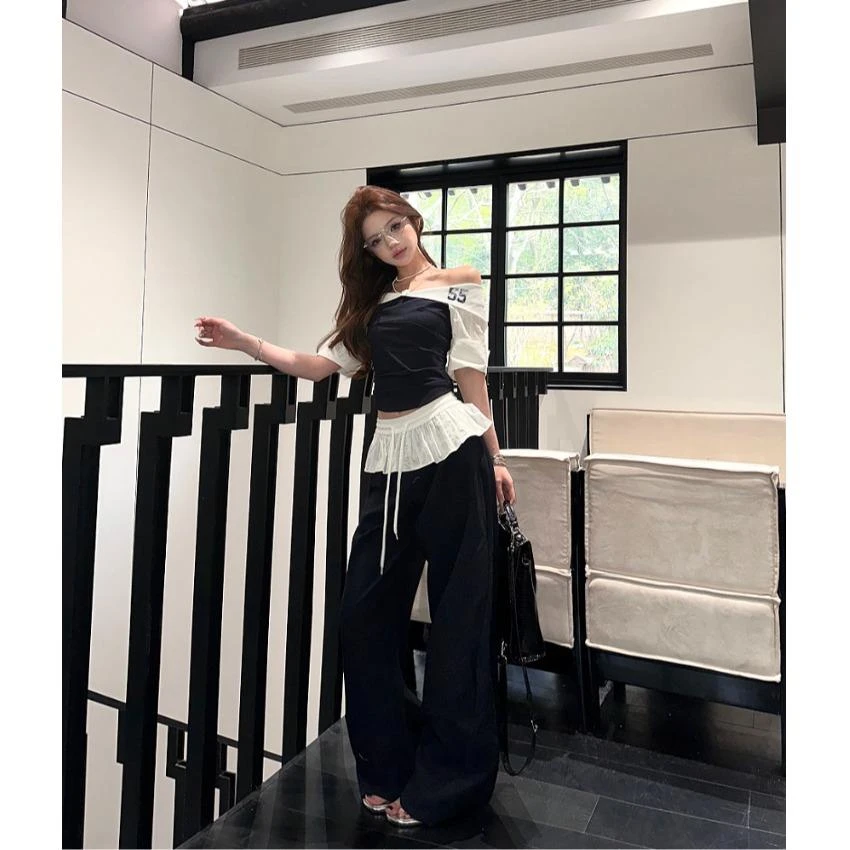 一字肩撞色拼接短袖T恤女夏季设计感套装荷叶边休闲阔腿裤两件套