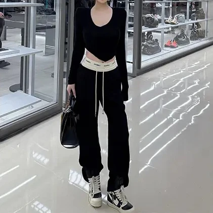 【女团solo】黑色运动裤女春秋2025新款宽松显瘦休闲卫裤