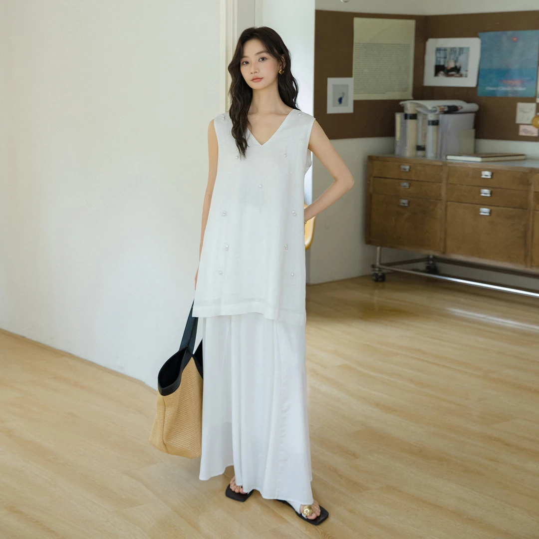 韩国小众设计棉+亚麻重工白色背心裙V领透气小个子连衣裙8826