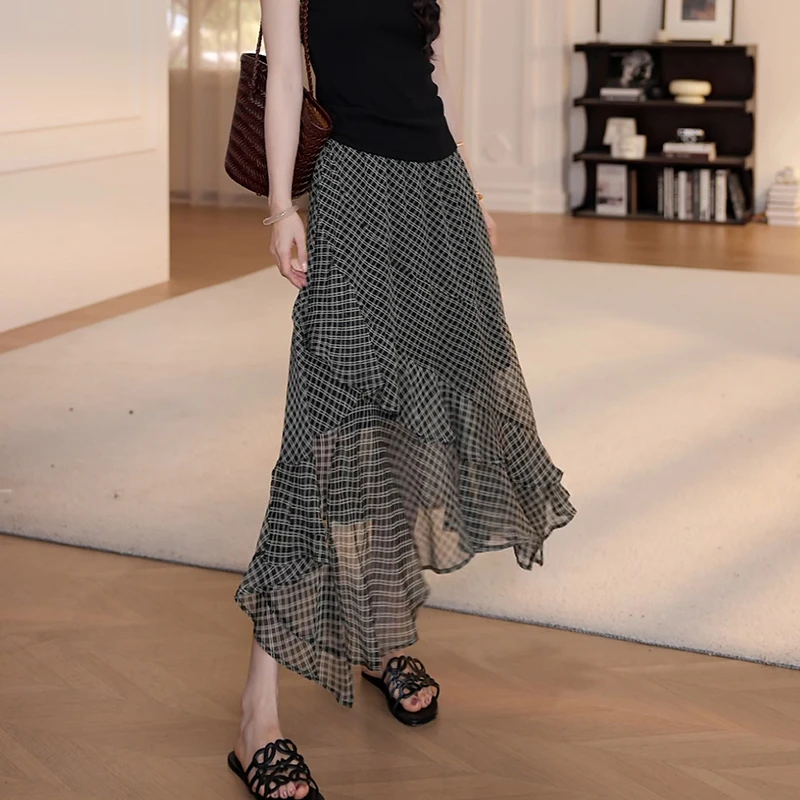 【丢丢专属】夏季高腰休闲格子斜花边长裙半身裙YY-4495