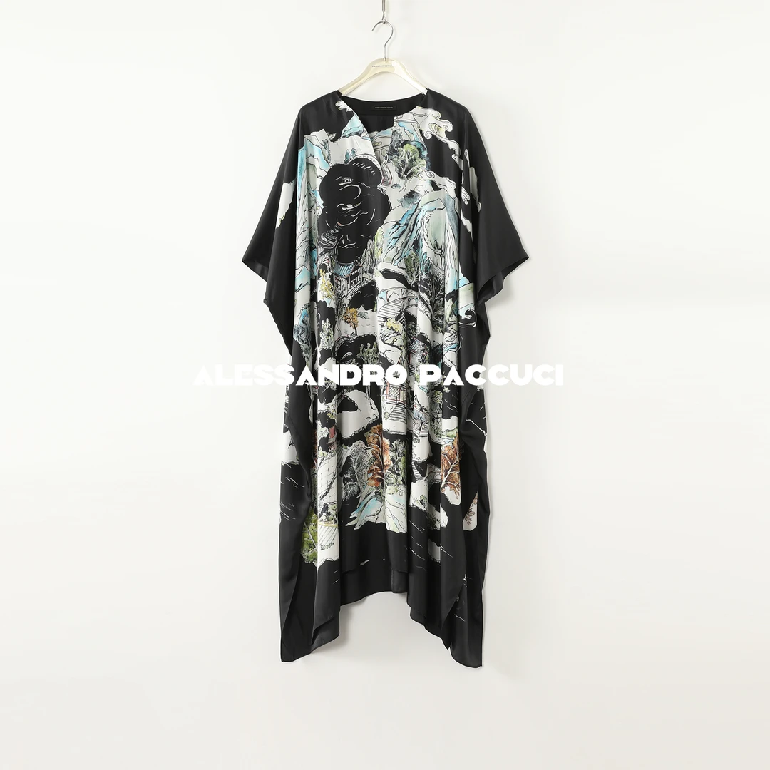 AP洛哥53059LL【西湖实景】黑标/100桑蚕丝印花时尚气质斗篷连衣裙