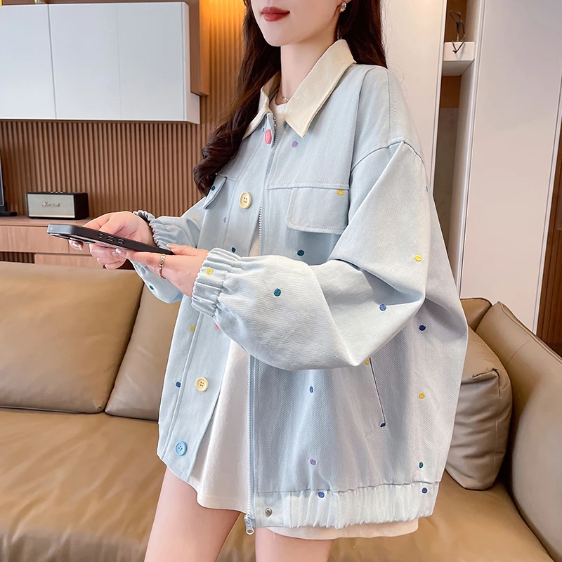 波点刺绣撞色翻领外套少女2025春秋新款初中高中学生休闲宽松时尚