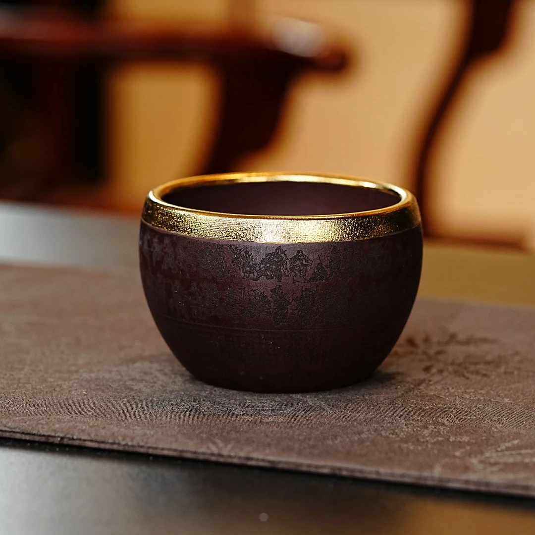 宜兴茶具 紫泥手工微刻一百零八将紫砂主人杯