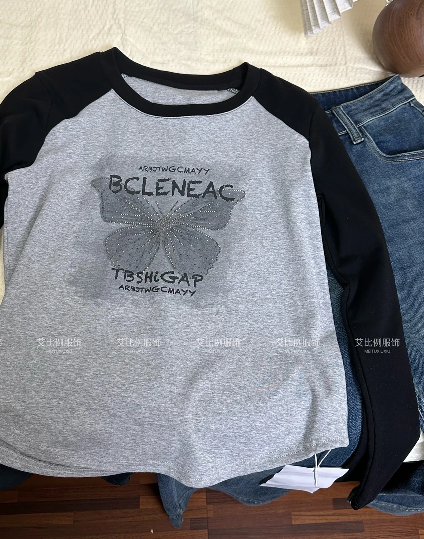 2991春季新款插肩袖黑拼灰色系洋气好看长袖薄款圆领字母T恤上衣