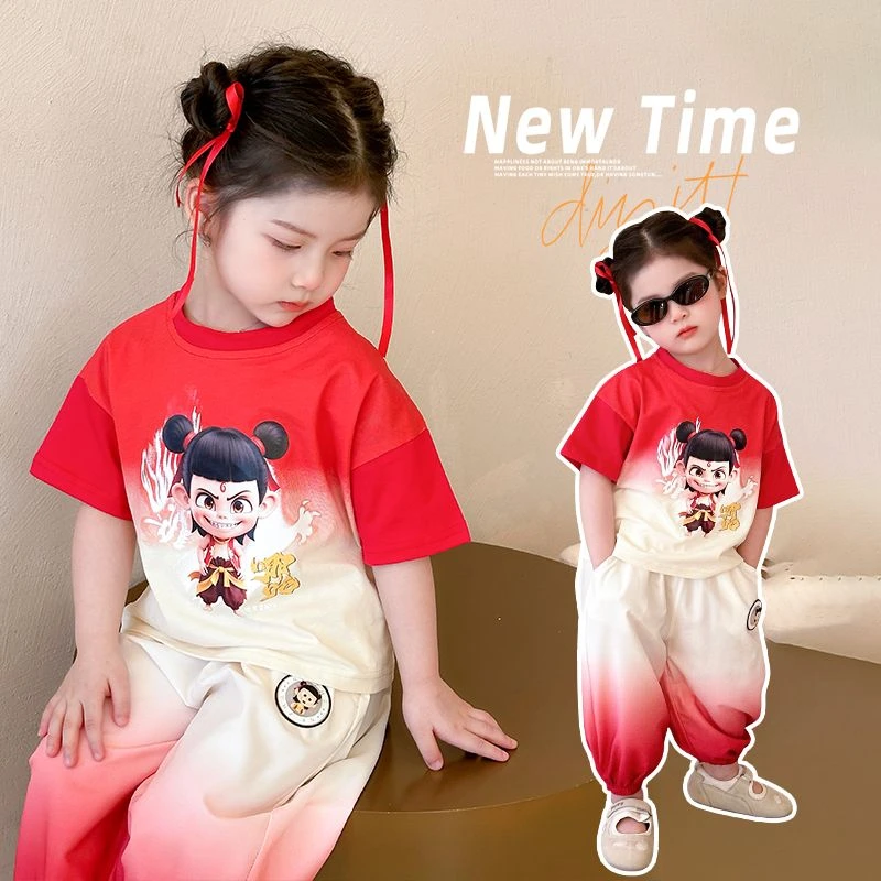 哪吒女童夏装套装2025新款儿童洋气亮灯渐变两件套衣服宝宝夏季薄