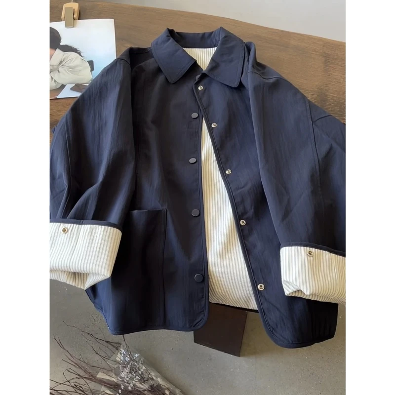 秋冬新款加大码300斤日系洋气翻领外套2025男女复古拼色夹克上衣