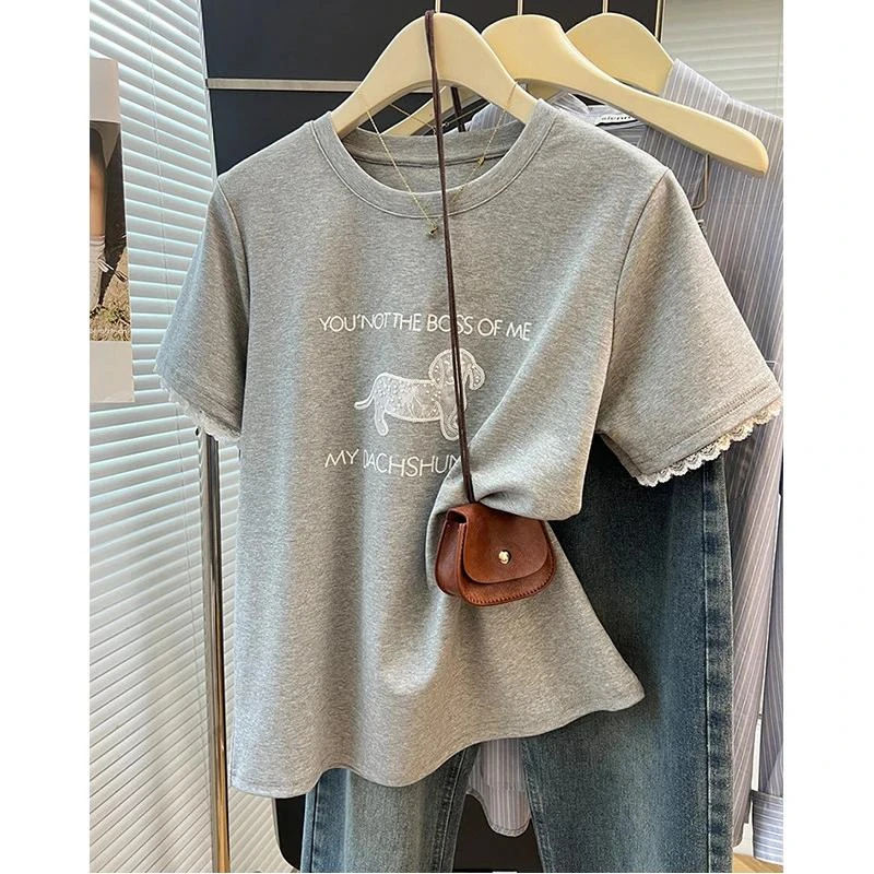 休闲风卡通动漫蕾丝通勤常规T恤美式白色短款设计感ins刺绣