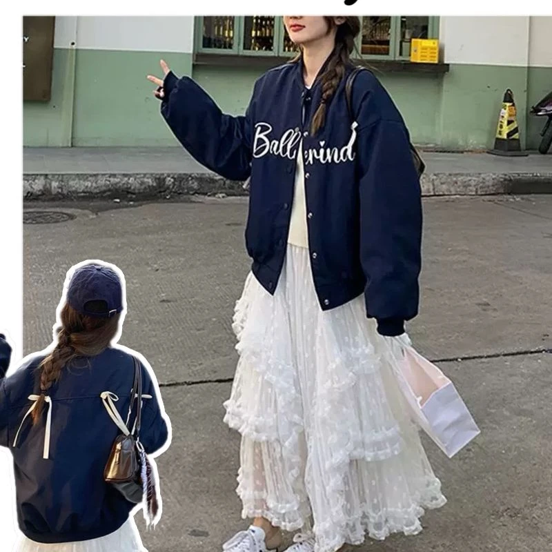 25008【蝴蝶结棒球外套】H韩系小众设计款蝴蝶结设计棒球外套排扣