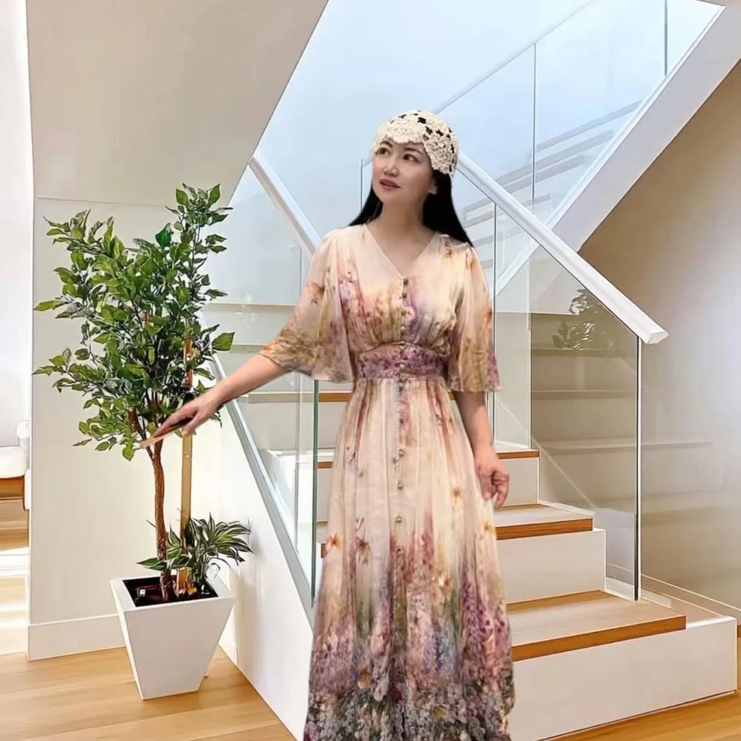 印花轻奢V领松紧腰礼服A字裙气质连衣裙夏季泡泡袖紫色桑蚕法式