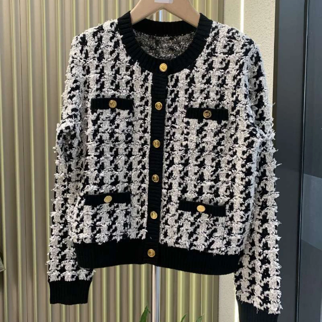 女通用女格子短外套长袖女装针织秋冬