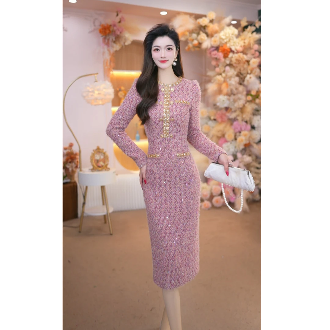 2025裙子秋冬女装洋气时髦修身粗花呢小香风加厚长袖连衣裙25333L