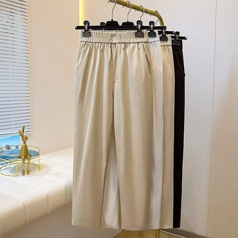 高腰字母标夏季宽松百搭裤春夏舒适阔腿裤纯色拼接薄款女裤春夏秋