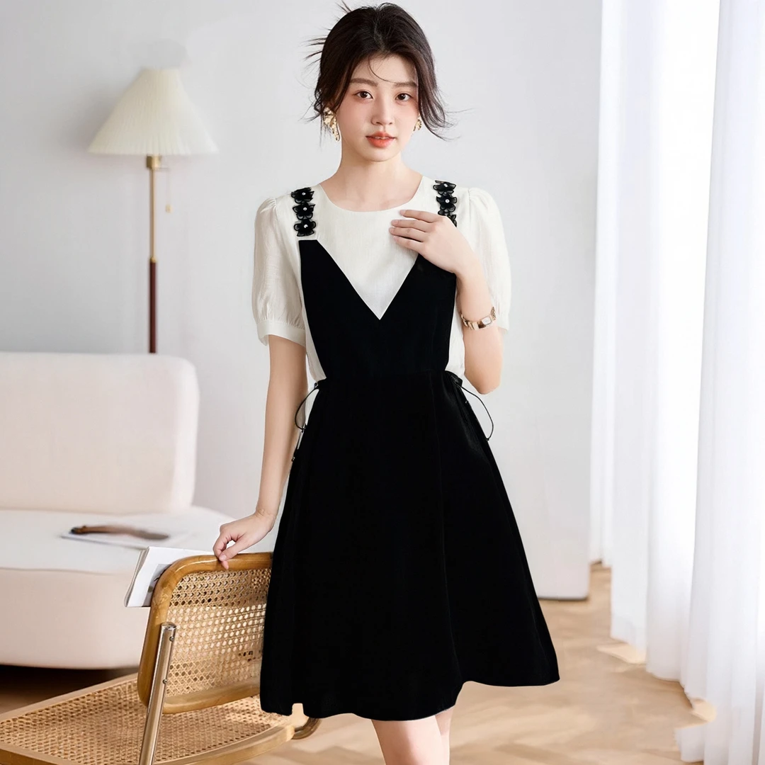 B大码假两件抽绳设计感别致连衣裙女夏季遮肉显瘦小黑裙子D2227