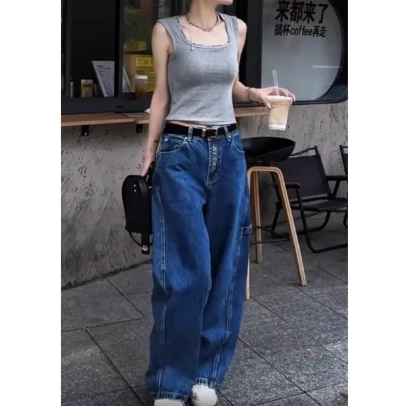夏季韩系复古时尚百搭拖地女牛仔裤时髦高腰显瘦女式长裤