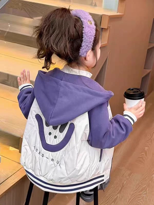 笑脸绣花绗棉棒球服加绒外套秋冬款3238