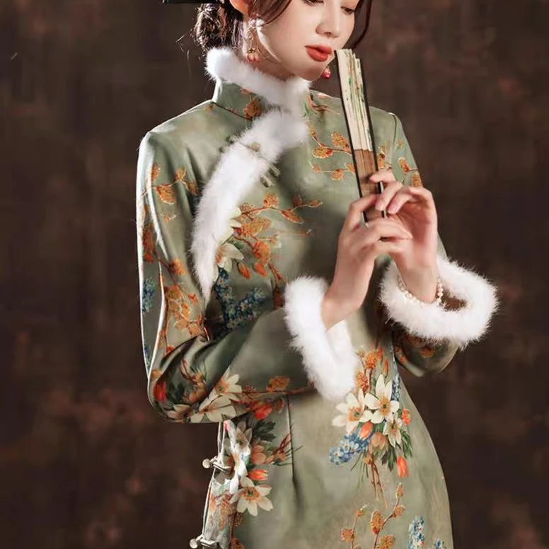 加厚加绒改良旗袍冬季新款长袖高端复古优雅长款妈妈装