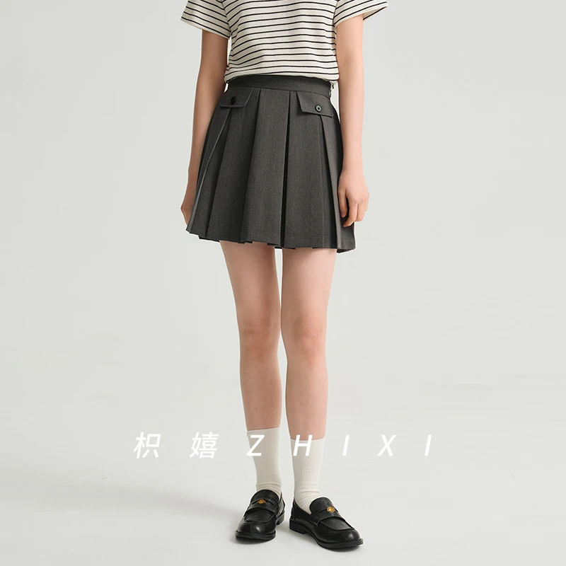 枳嬉百褶裙短裙假口袋