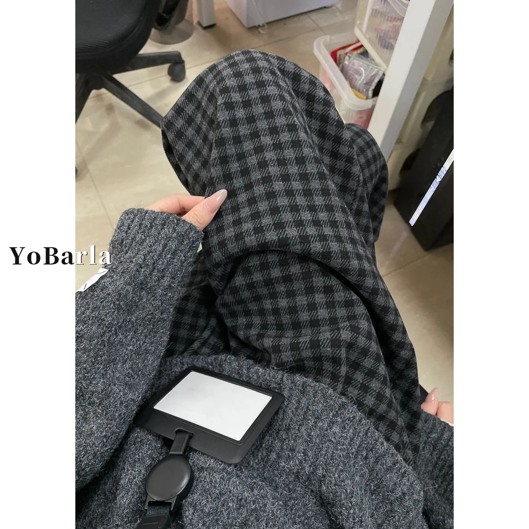 黑灰色格子休闲直筒裤女秋冬加绒大码胖mm宽松显瘦慵懒垂感阔腿裤