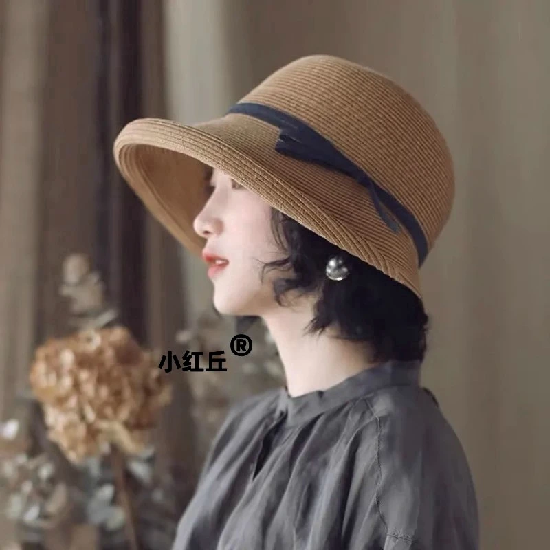 2025新款赫本风草帽女夏遮阳帽可折叠防晒帽卷边太阳帽渔夫帽子潮