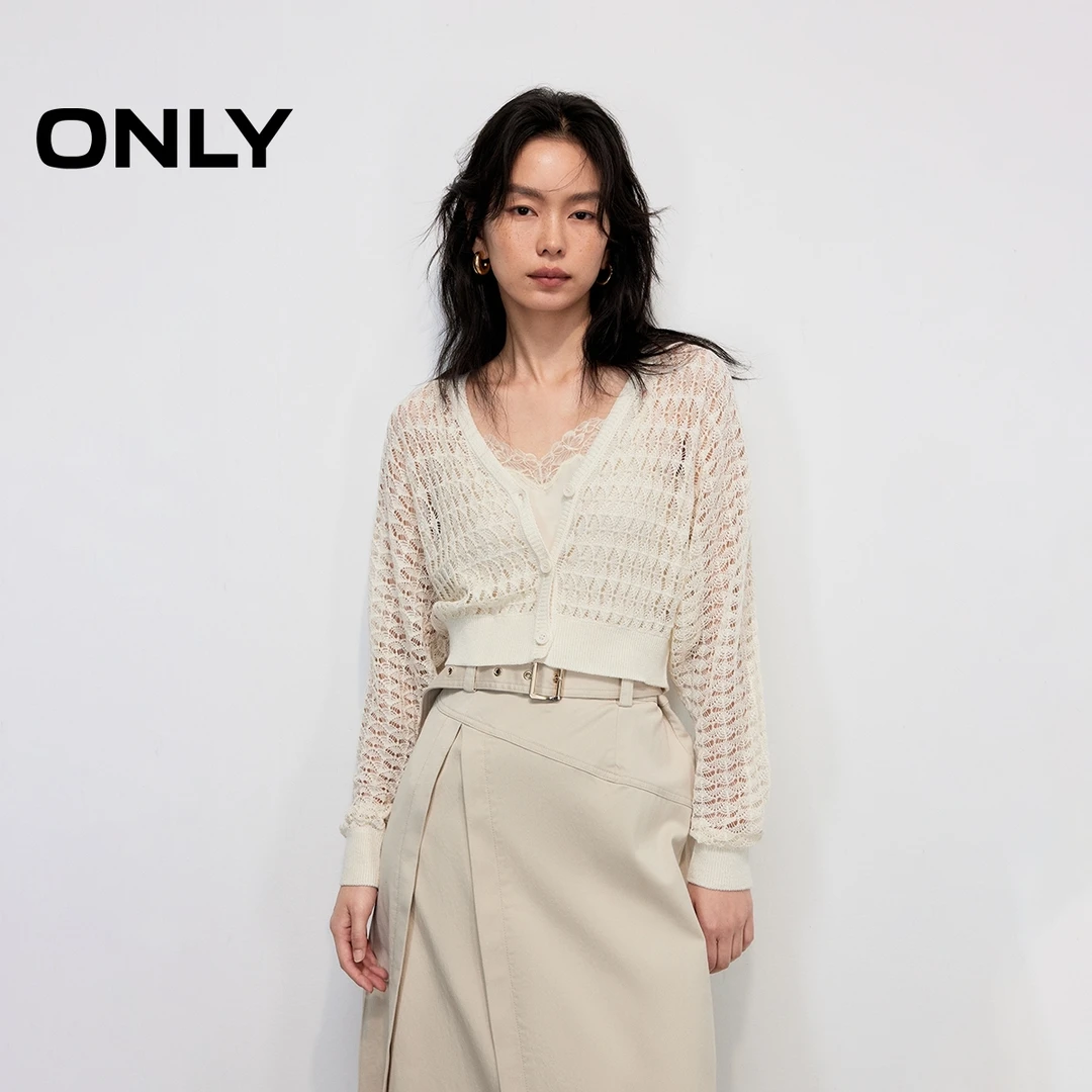 ONLY2025夏季新款镂空肌理宽松V领短款开衫针织衫女|12523A001