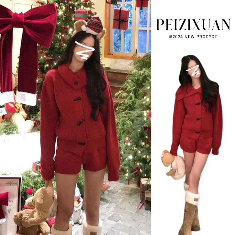 法国懒人红色针织女装秋冬2025新款跨年服装成套