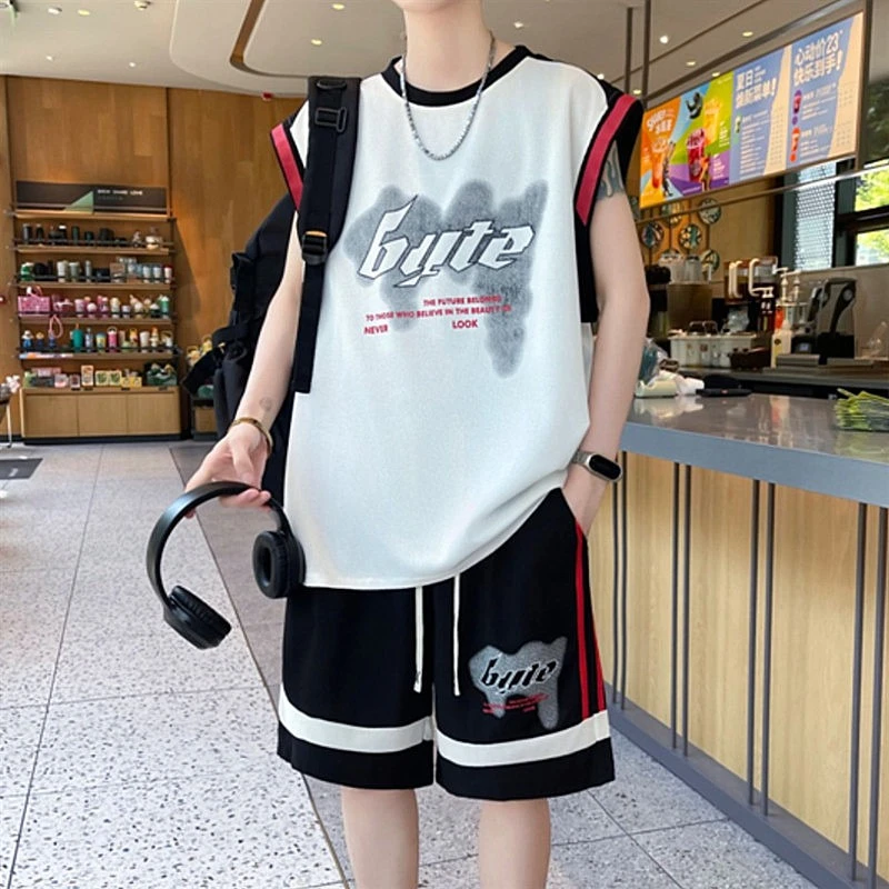 夏季新款男士无袖背心套装大码潮牌百搭宽松青少年学生休闲胖子装