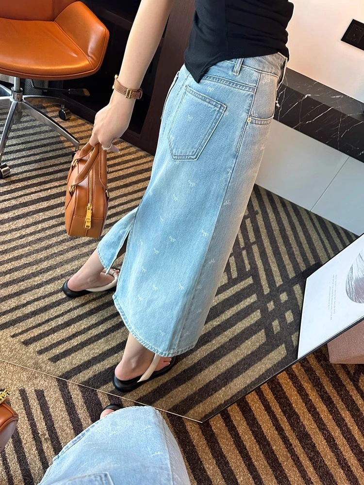 法式刺绣后开叉蝴蝶牛仔半裙女2025春季新款高腰遮跨显瘦中长裙子