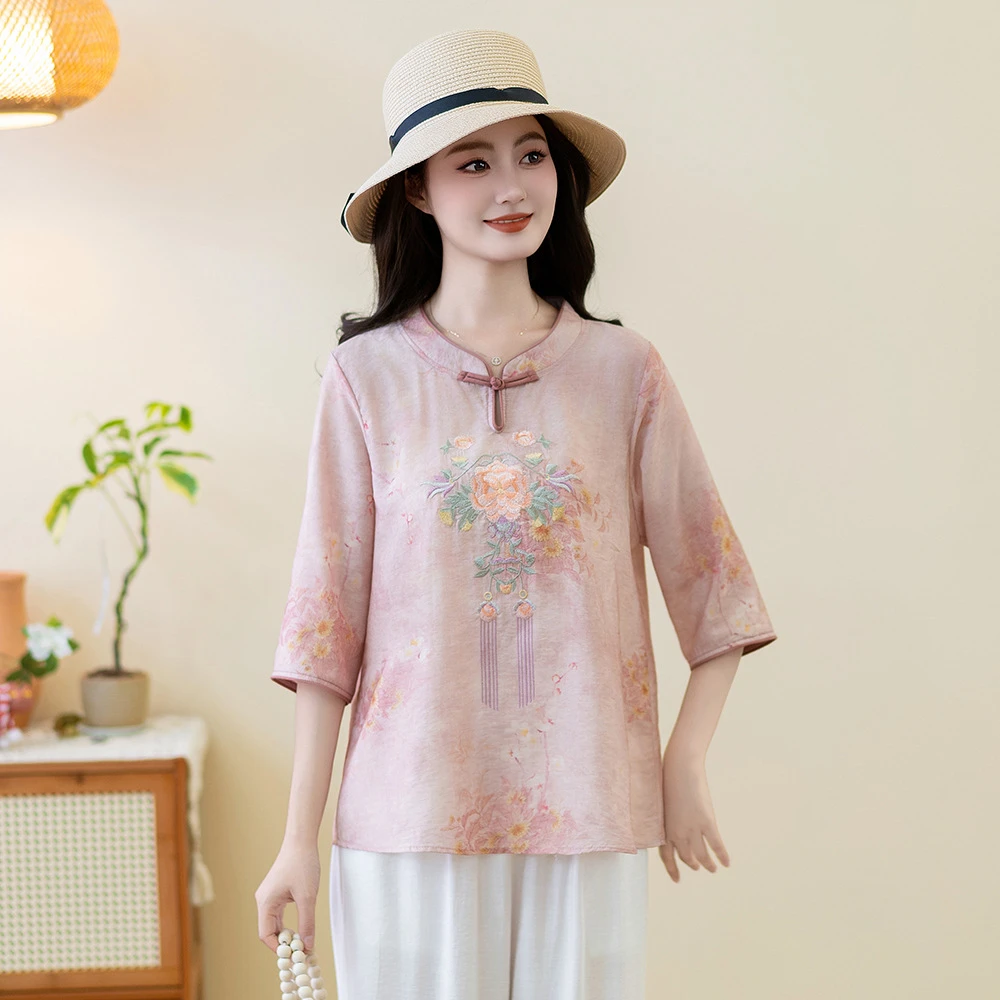 批发国风文艺复古重工刺绣立领五分袖T恤女2025夏季薄