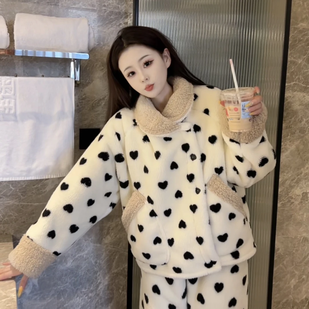 （爱心珍珠）冬季毛茸茸加厚保暖睡衣长袖可爱休闲家居服女外穿波点