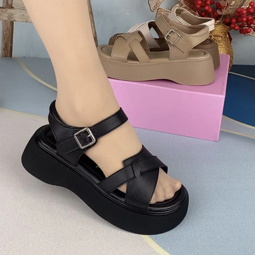 6899夏季女新款镂空透气英伦风厚底一字带编织露趾时尚罗马凉鞋